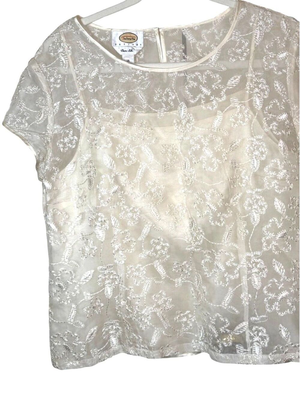 90s VTG 100% Silk Embroidered Lace Top Cream Ivory Sheer Overlay Blouse
